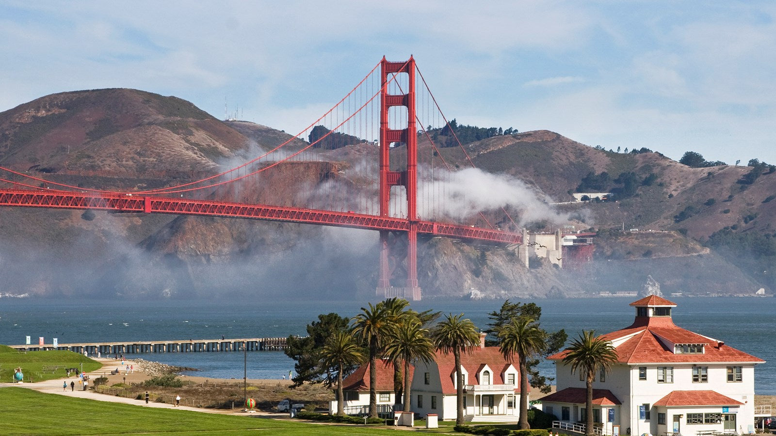 Golden Gate Bridge shrouded in fog with a scenic shoreline and palm trees in the foreground.