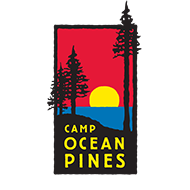 Camp Ocean Pines logo featuring sunset and pine trees, promoting summer camps and programs for high school and middle school students.