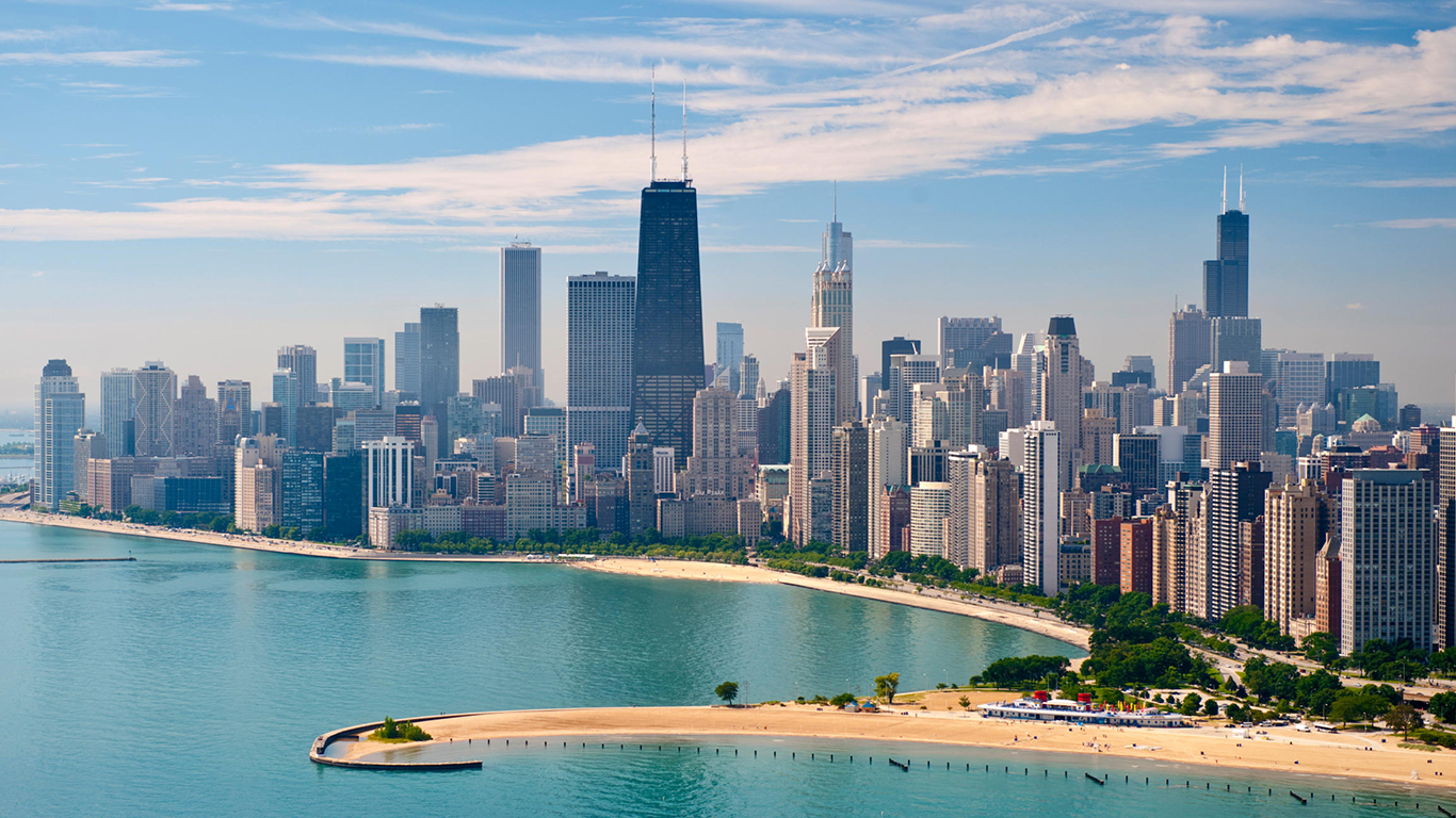 Aerial view of Chicago skyline with skyscrapers and a beach along Lake Michigan under a clear blue sky.