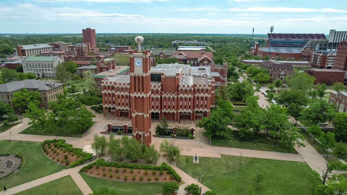 Aerial view of a college campus featuring brick buildings surrounded by green trees and open spaces, ideal for summer programs.