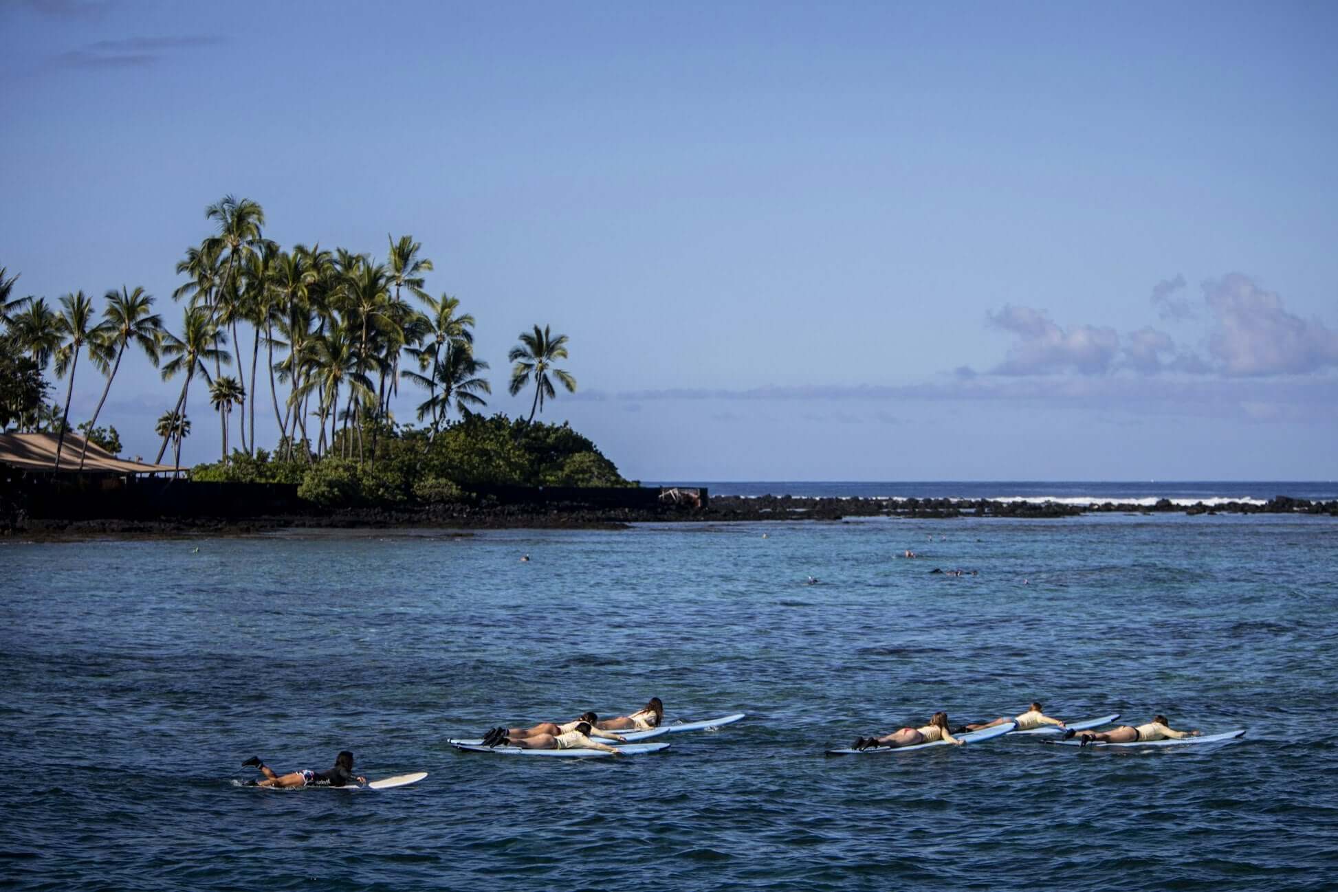 teens surfing in clear Hawaiian waters with palm trees in the background on a sunny day
