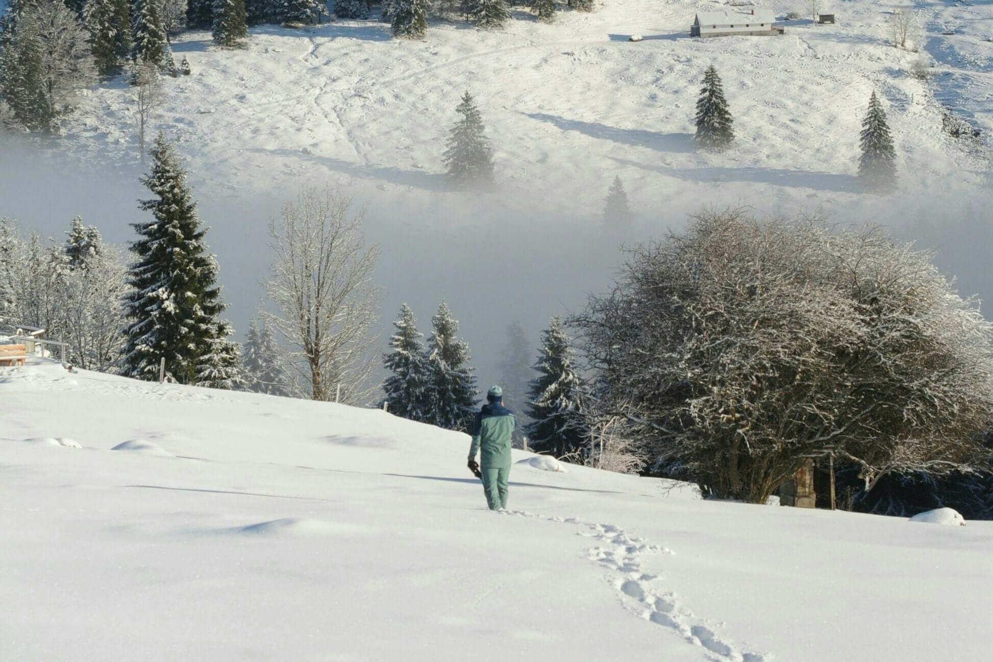 Person walking through a snowy landscape in the Bavarian mountains, showcasing winter beauty in Germany and Austria.