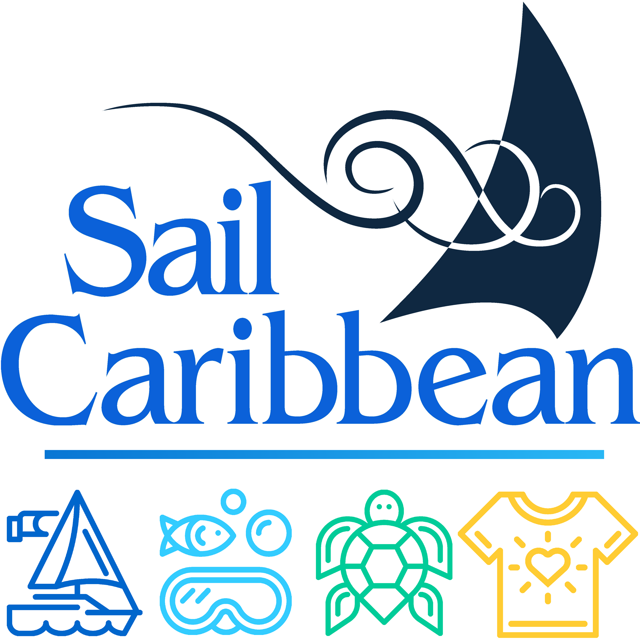 Logo of Sail Caribbean featuring a sailboat, fish, snorkel, turtle, and t-shirt, representing summer camps and programs.